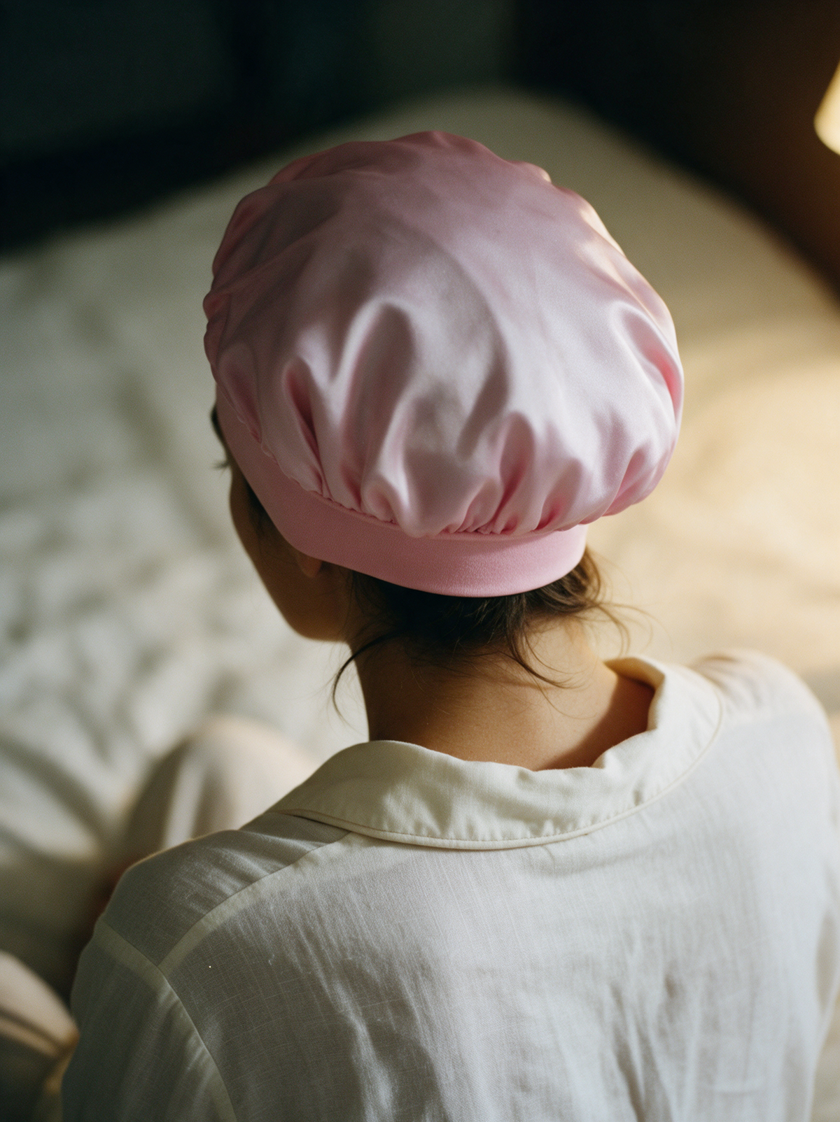 Le bonnet satin rose porté au coucher, cheveux rentrés, vue de dos