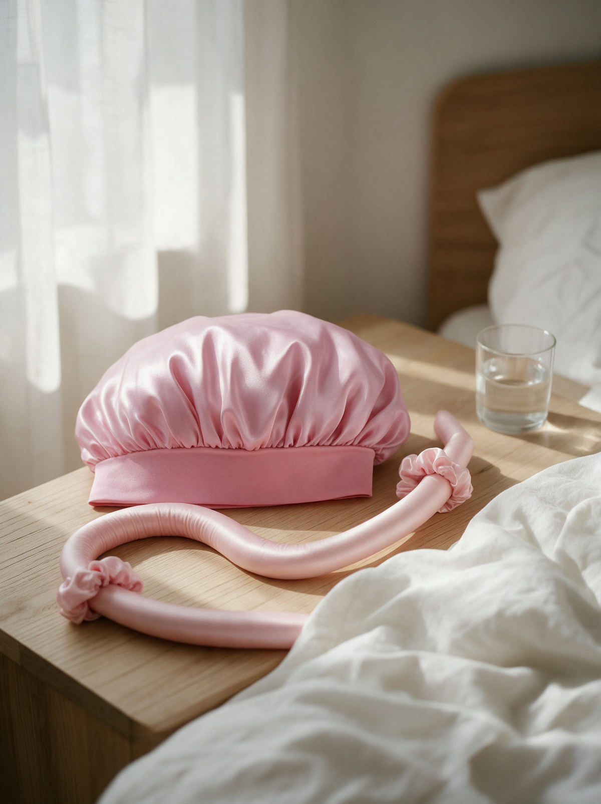 Le bonnet et le ruban satin posés sur une table de chevet, lumière du matin