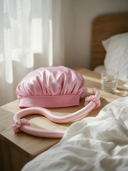 Le bonnet et le ruban satin posés sur une table de chevet, lumière du matin
